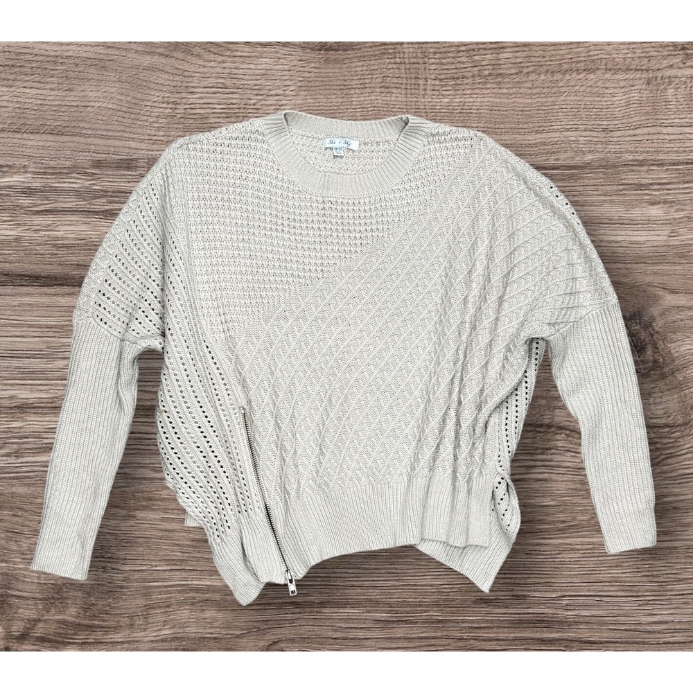 She + Sky Gray Knit Sweater One Size Womens Zipper Accent Long Sleeve Oversize